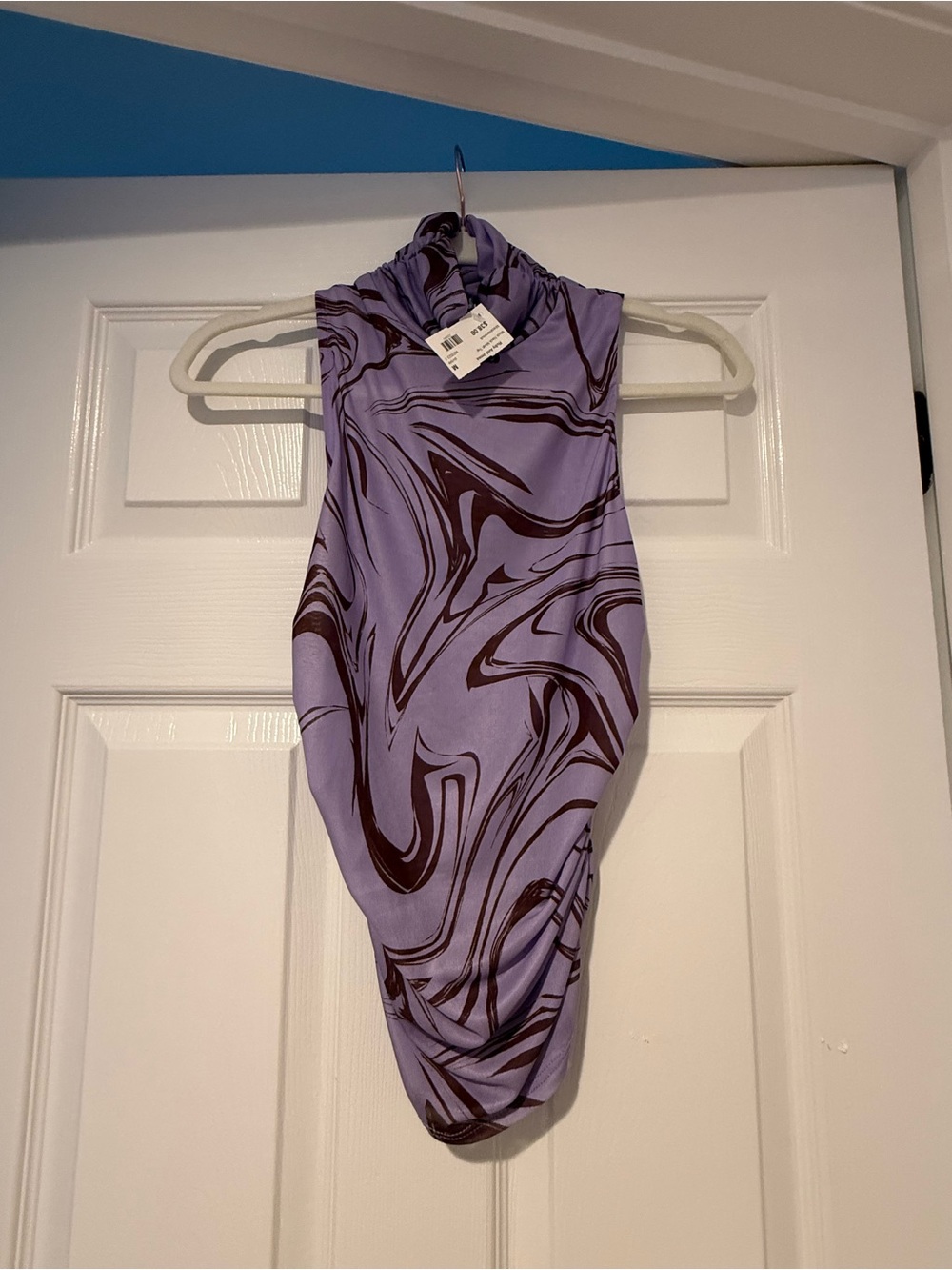 Blue Blush Brand Abstract Swirl Mesh Mock-Neck Top